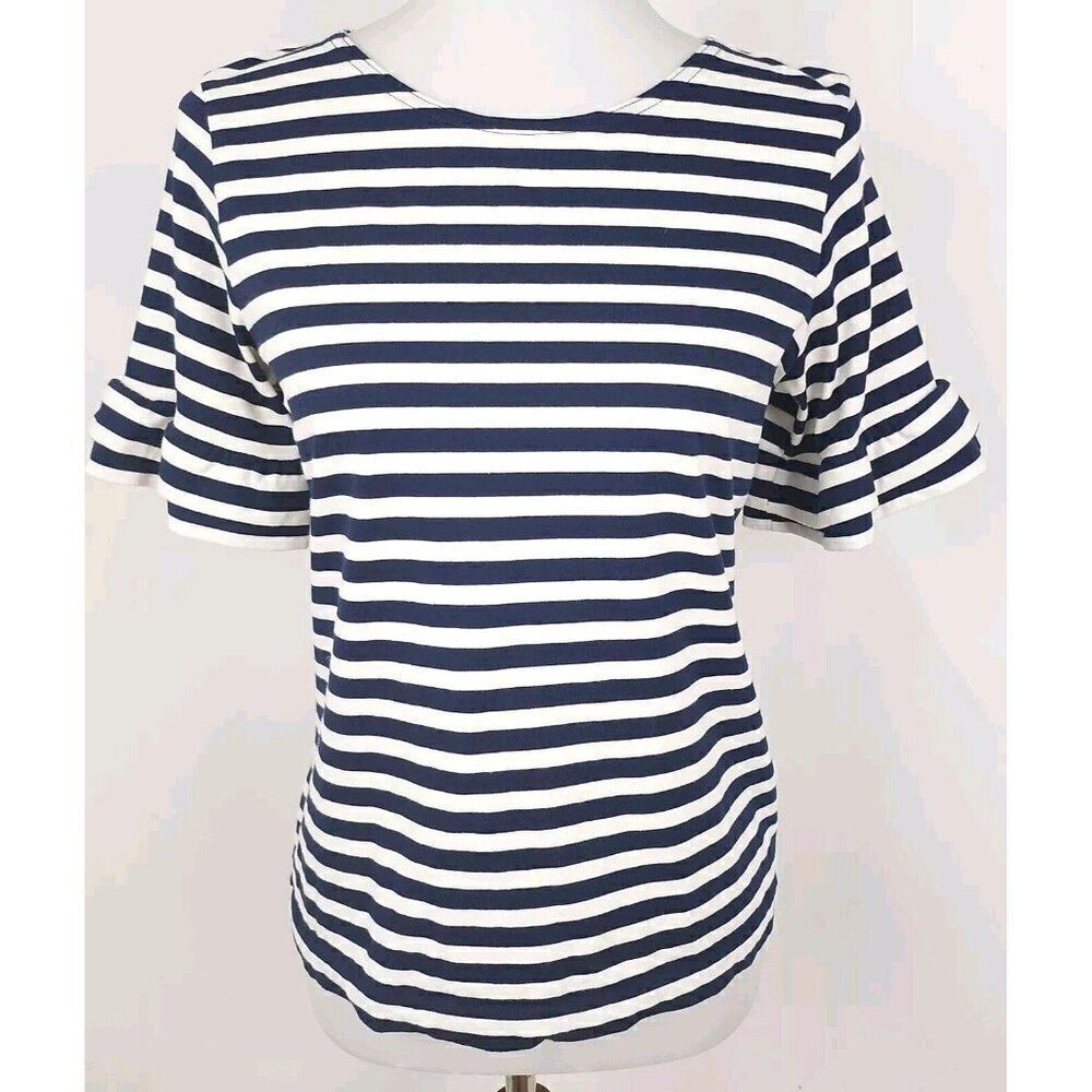 J. Crew Navy & White Stripe Cotton Knit Ruffle Sleeve Short Sleeve Top Womens S